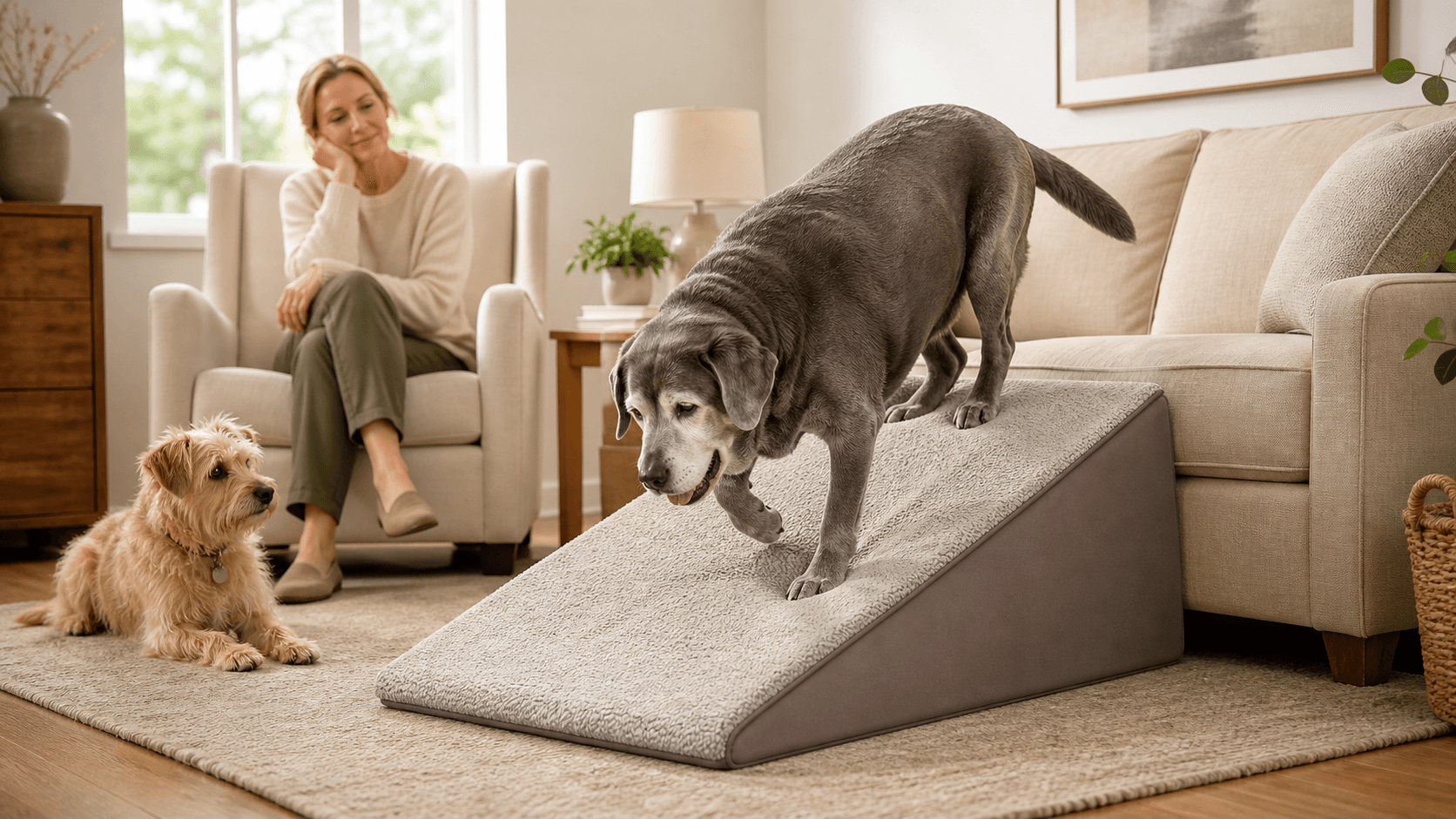 An elderly golden retriever uses a gray pet ramp beside a sofa as two small dogs watch in a bright living room.