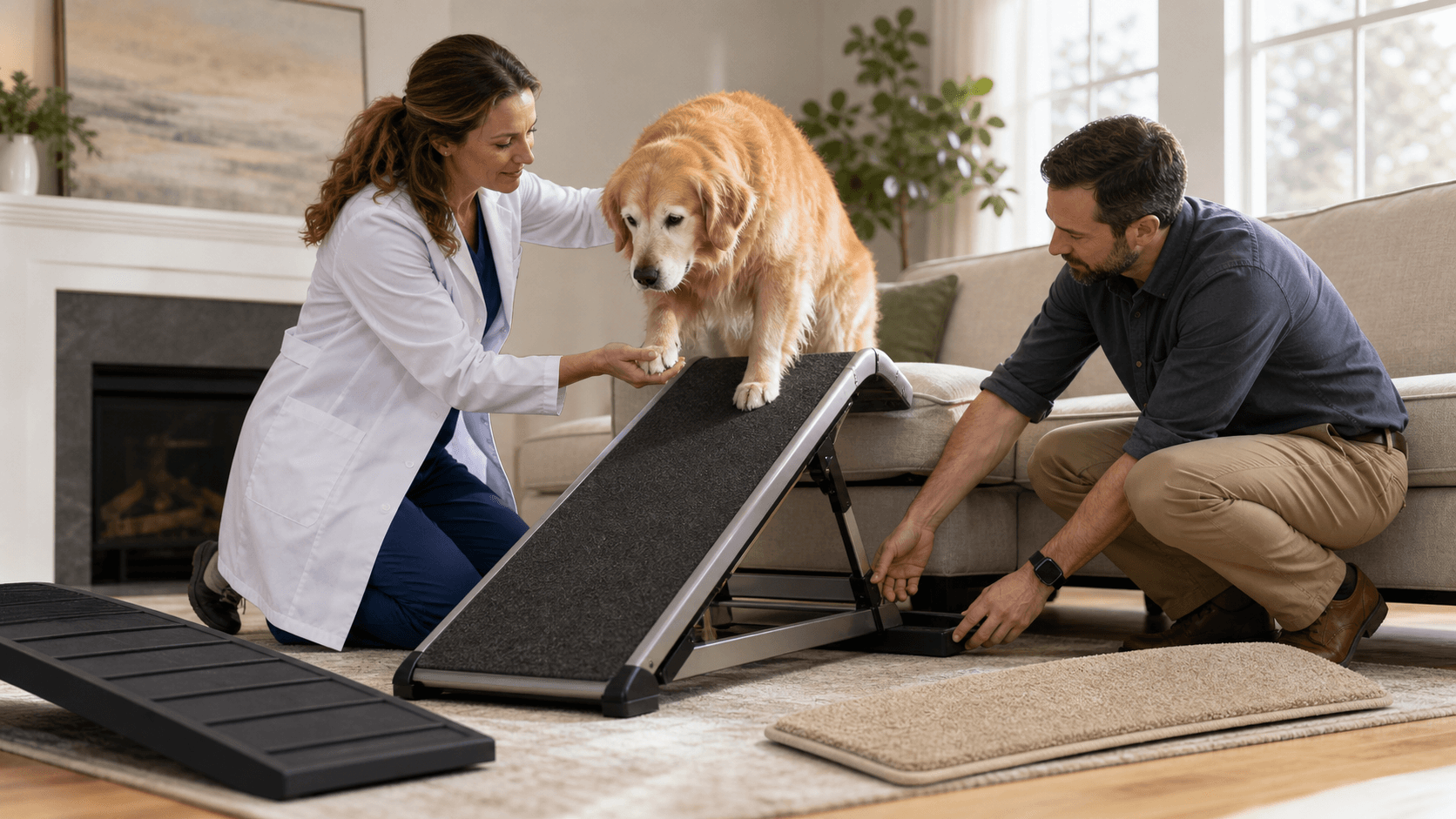 Senior dog climbing a wooden ramp to a couch, one paw slipping on a smooth surface in soft indoor light