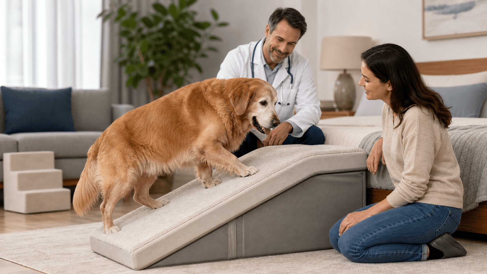Elderly dog climbing a gray foam ramp beside carpeted stairs in a bright living room, sunlight through window.