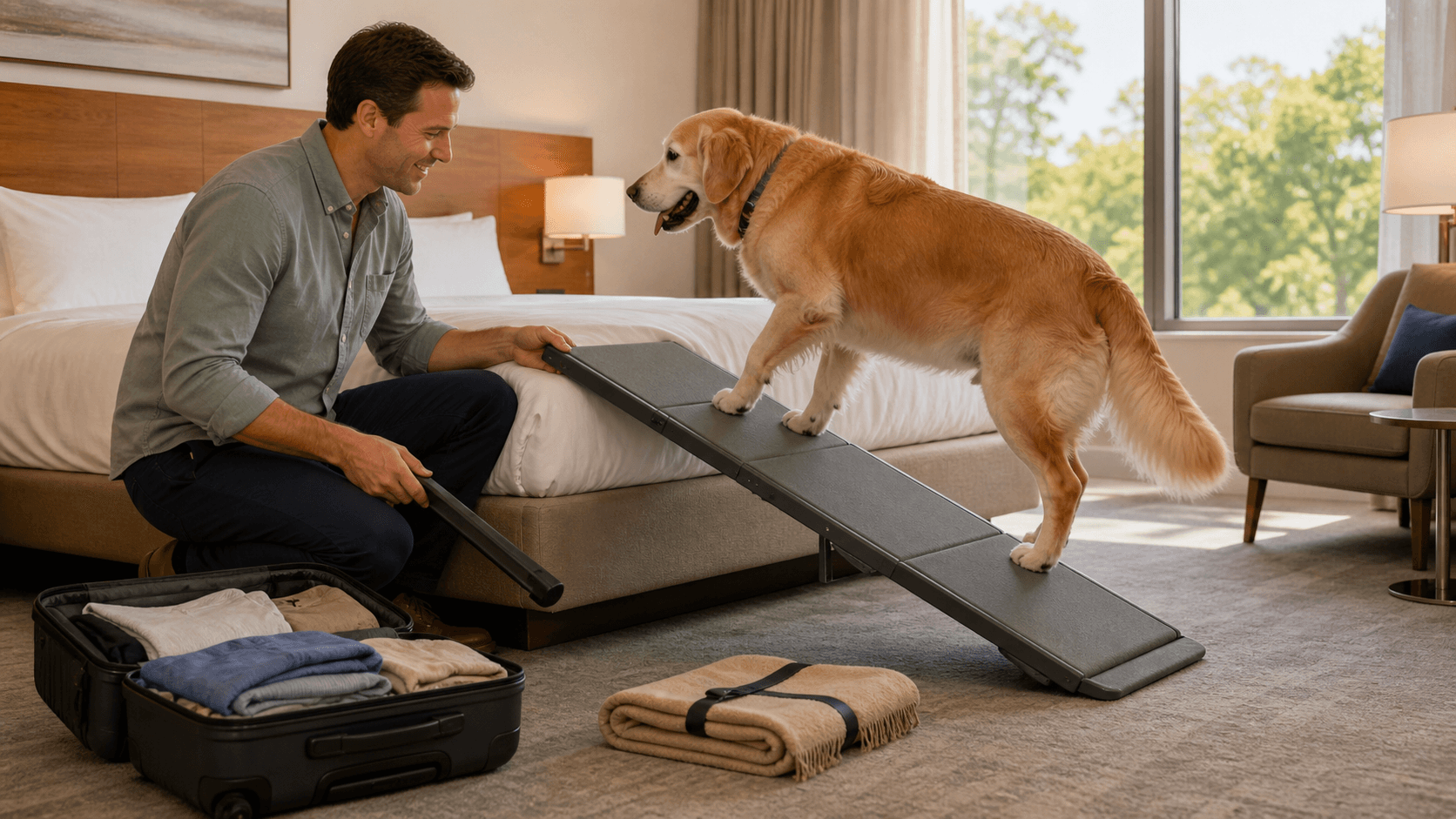 Golden retriever climbs a black portable ramp onto a beige sofa in a bright, sunlit living room.