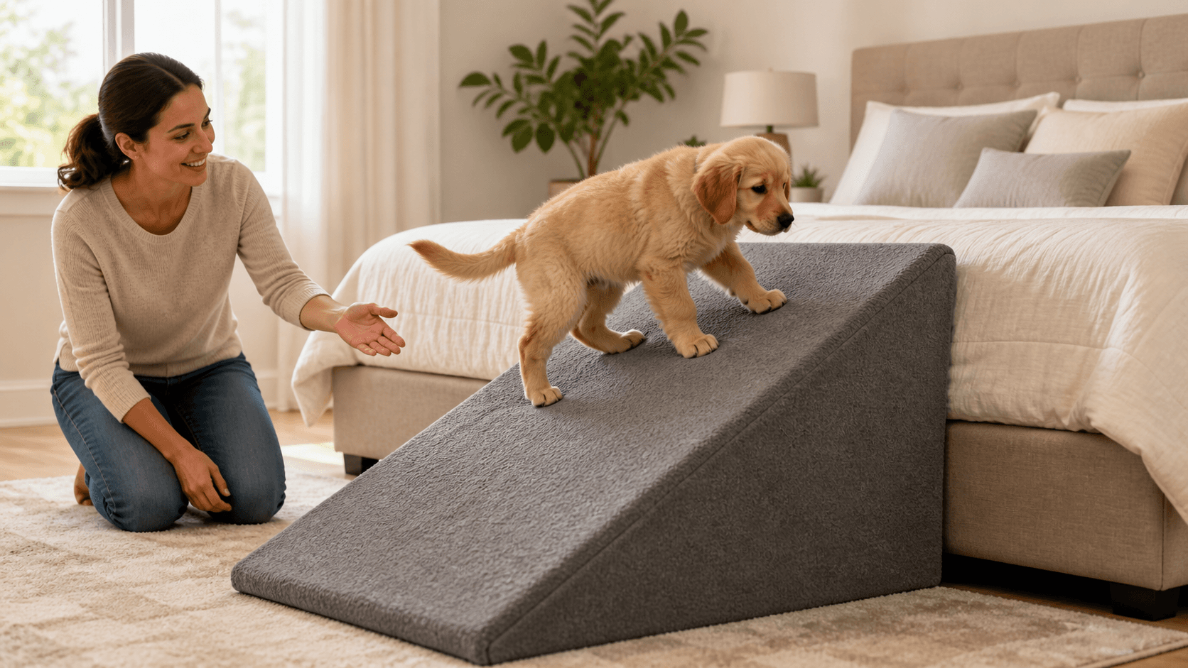 Golden retriever puppy walks up a gray indoor ramp beside a sofa in soft natural light.