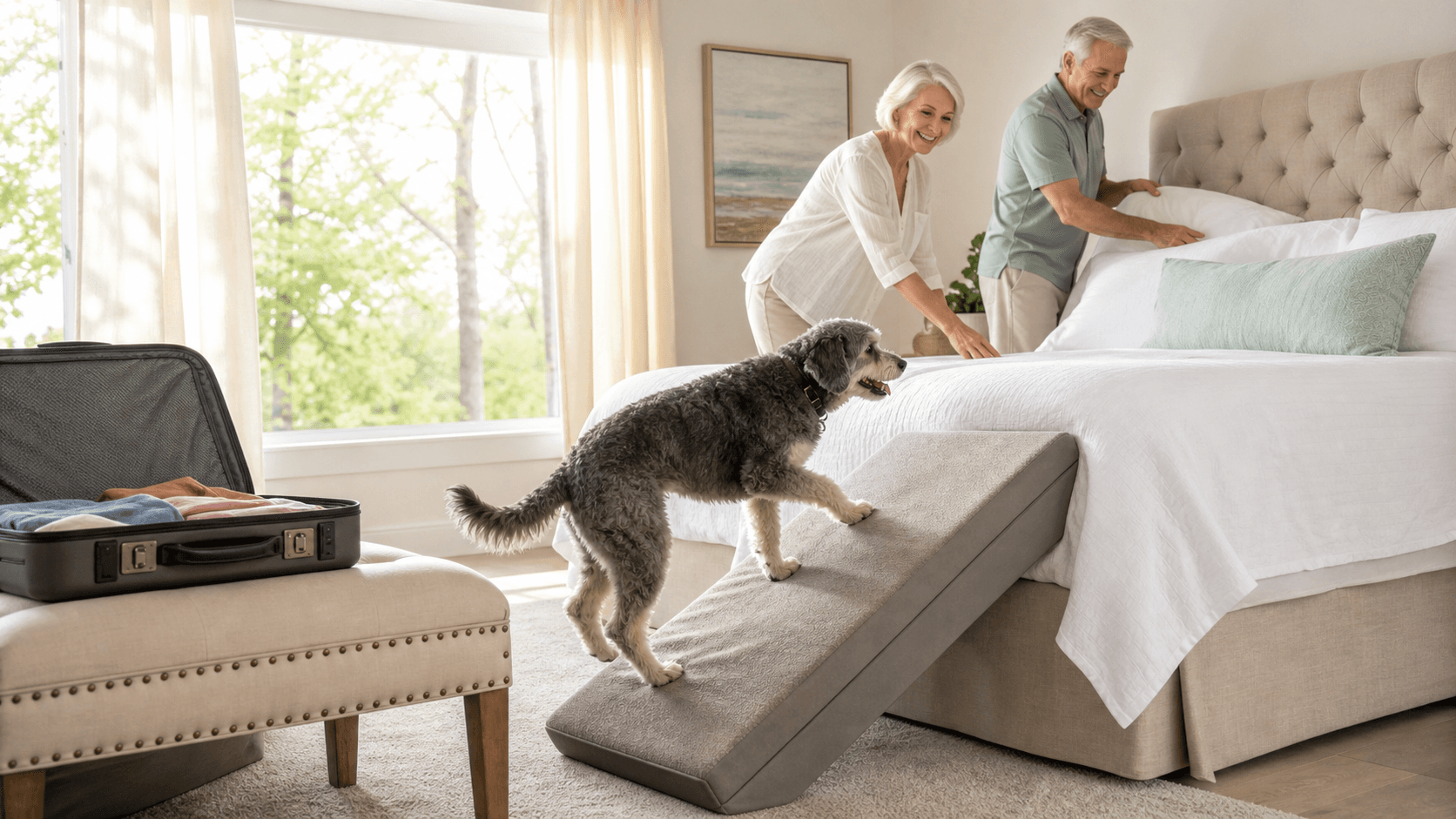 Senior dog climbs a wooden ramp to a white bed in a bright, sunlit guest room.