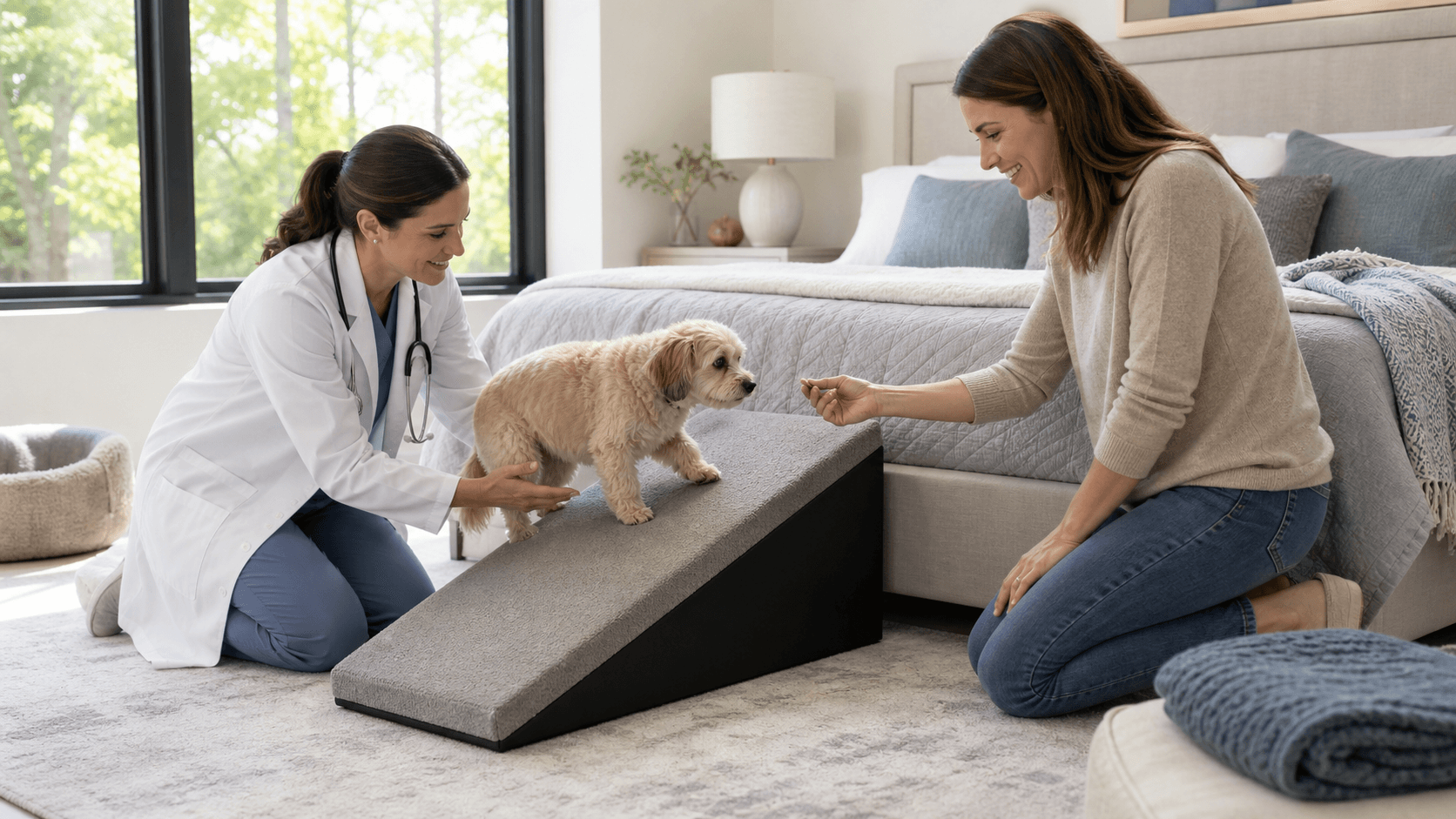 Foam dog ramp beside a tall bed in a bright bedroom, with a small dog climbing up, soft neutral tones.