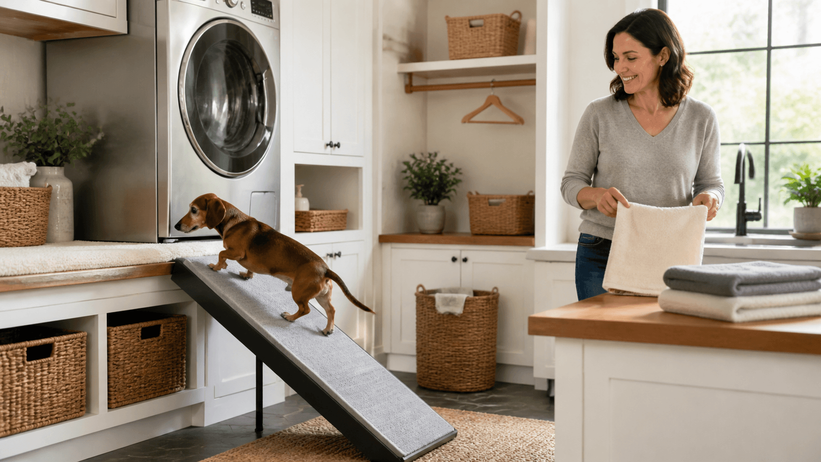 Small dog climbs a lightweight ramp beside a beige sofa in a bright, tidy living room.