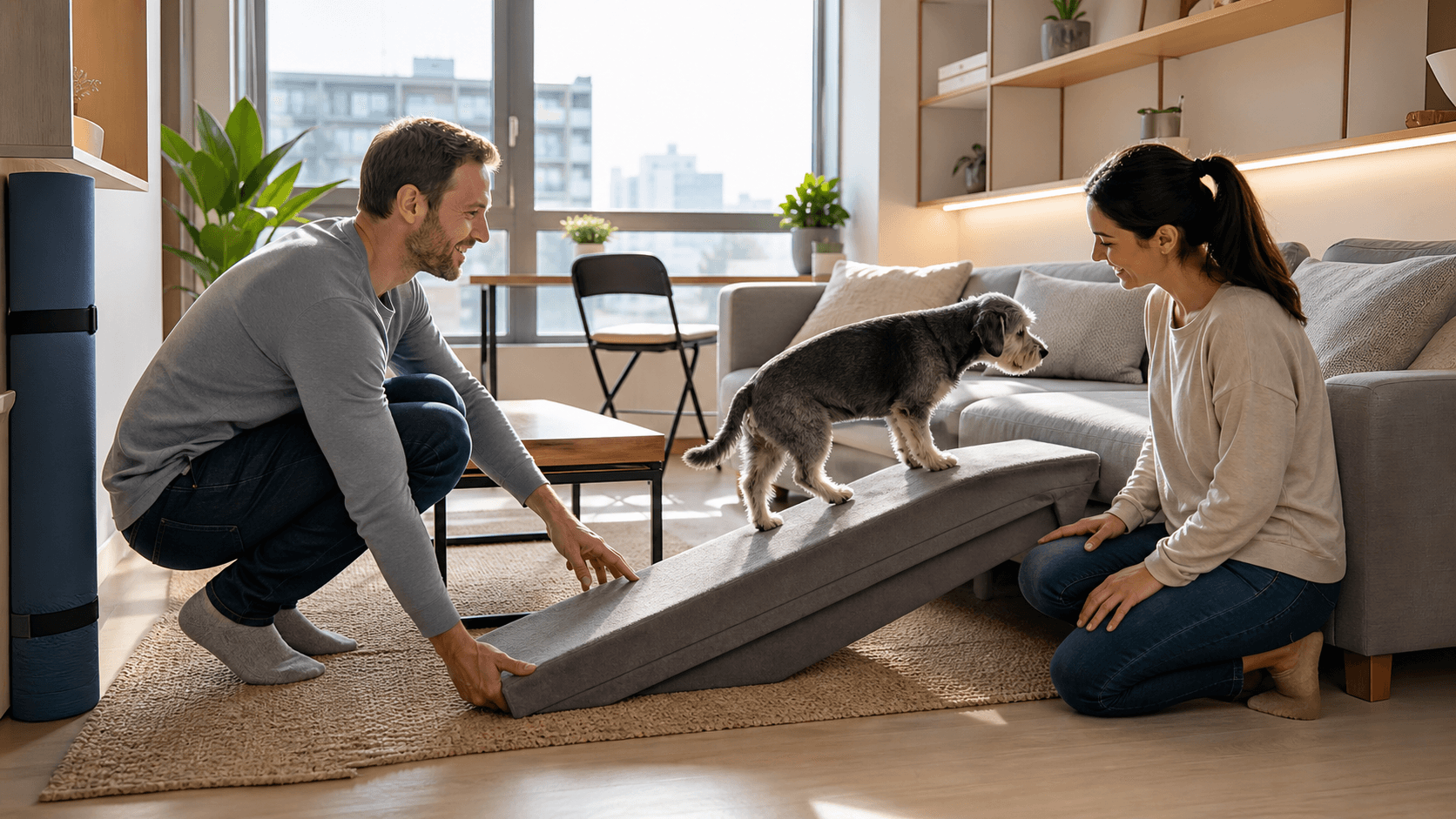 Small dog climbing a foldable ramp to a couch in a bright, modern apartment with light wood floors